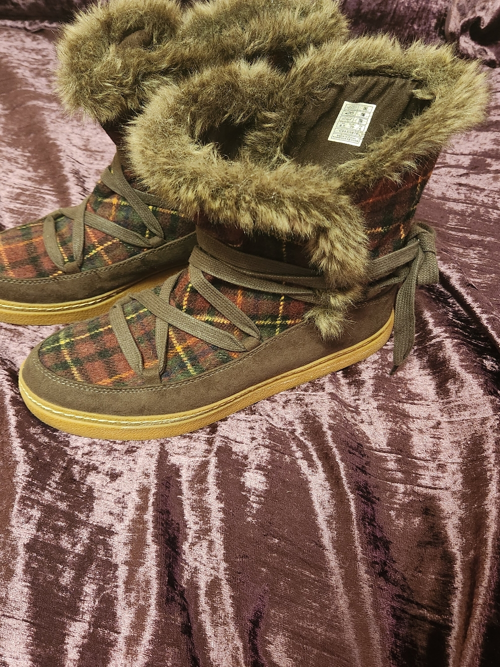 Rocket Dog Brown Plaid Faux-Fur Trim Winter Boots